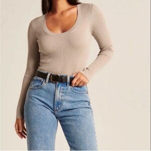 Abercrombie & Fitch ribbed scoop neck long-sleeve sweater in tan/beige